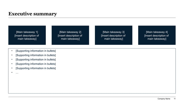 Food waste reduction strategy executive summary slide with four dark blue takeaway cards and supporting bullets for shrink and diversion planning.