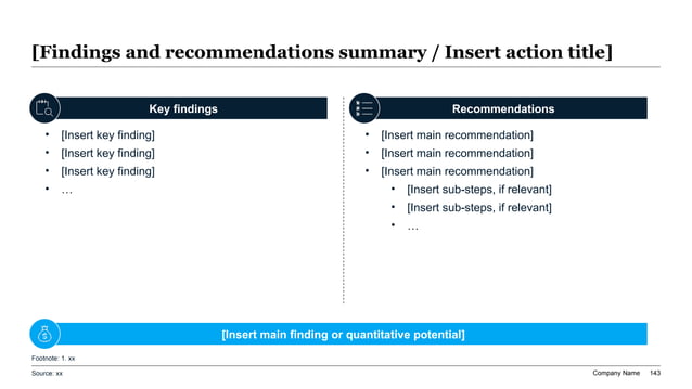Mining automation efficiency slide with two-column findings and recommendations summary, line icons, and bottom executive callout banner.