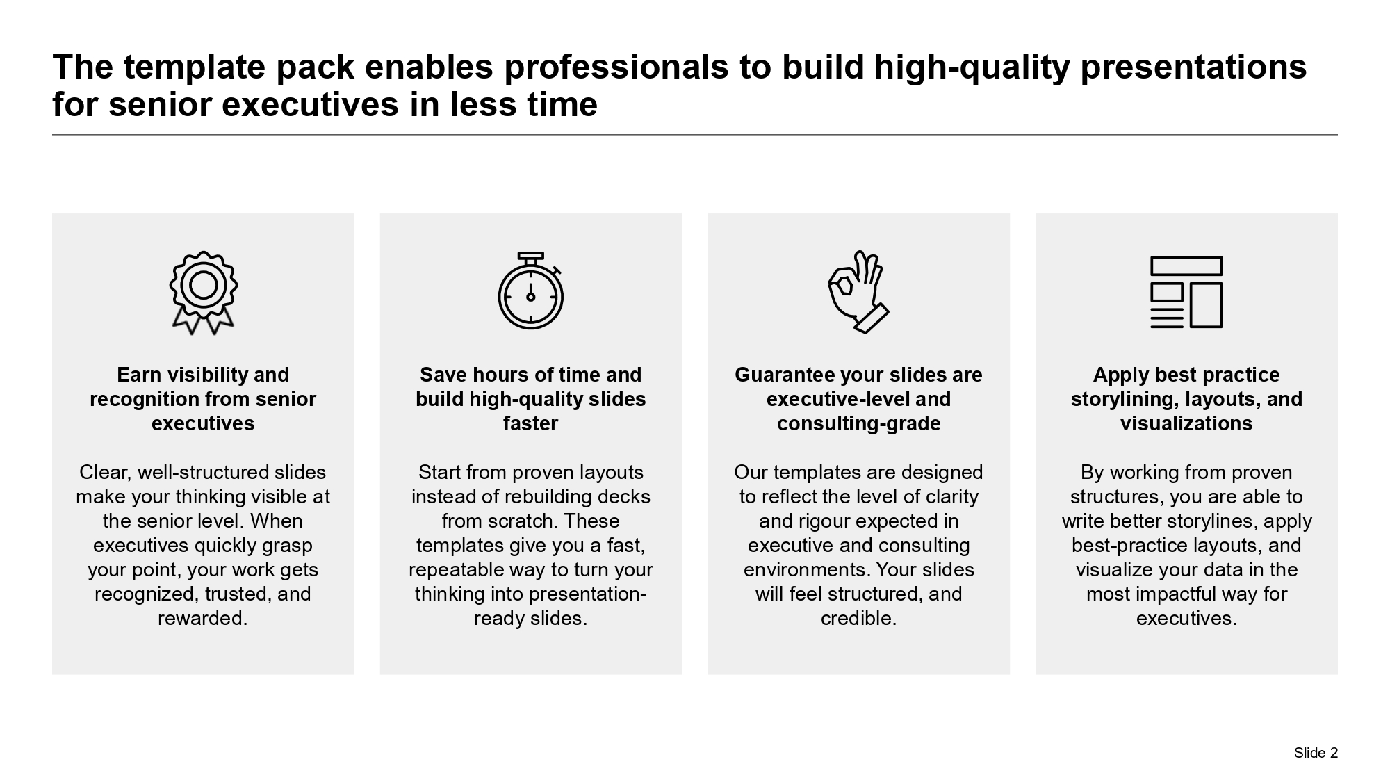 Consulting proposal reference showing a four-column value proposition grid for differentiating workstreams or client benefits