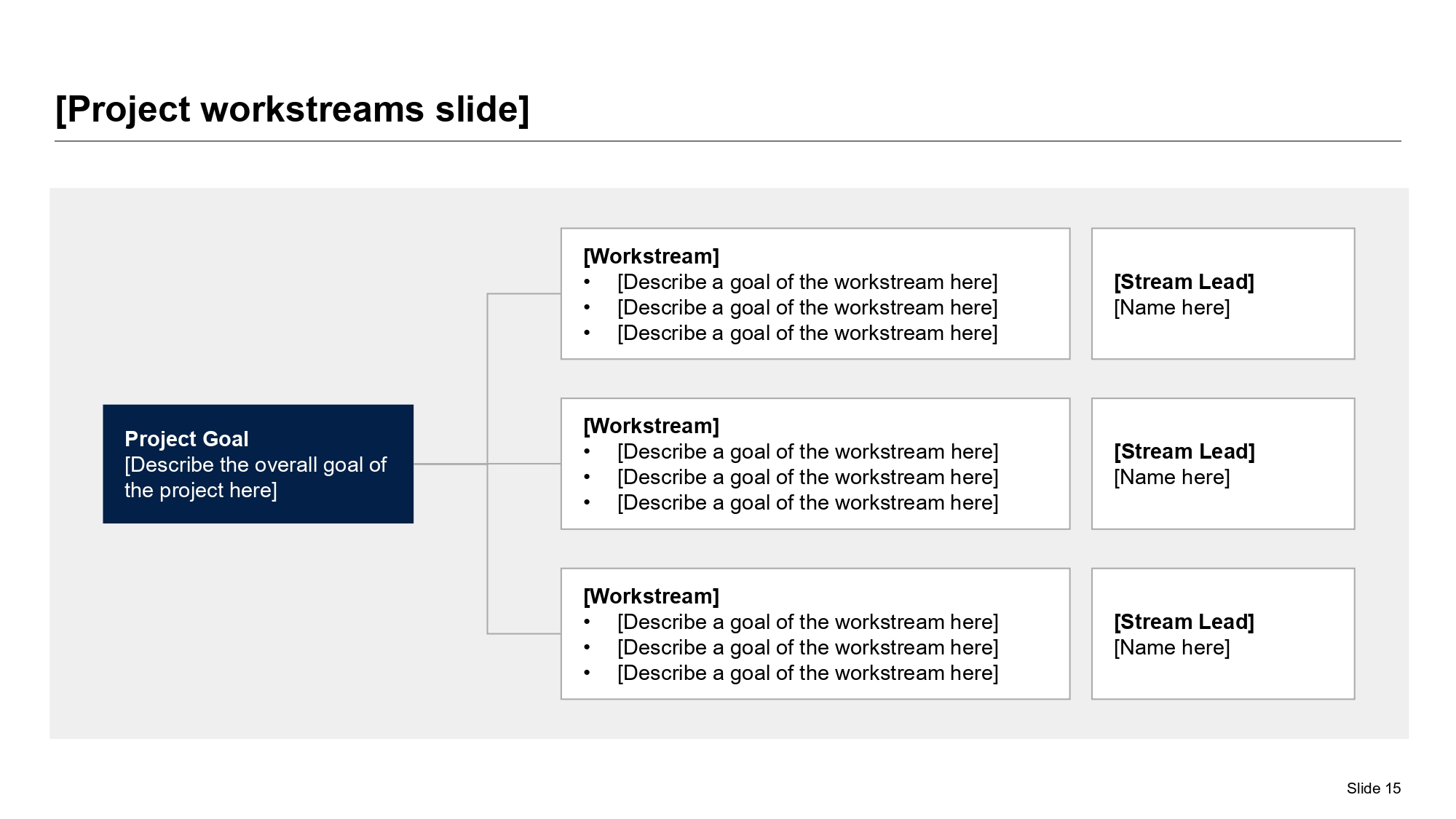 A premium organizational governance flowchart slide showing a branching workstream tree originating from a central anchor goal and splitting into designated ownership blocks.