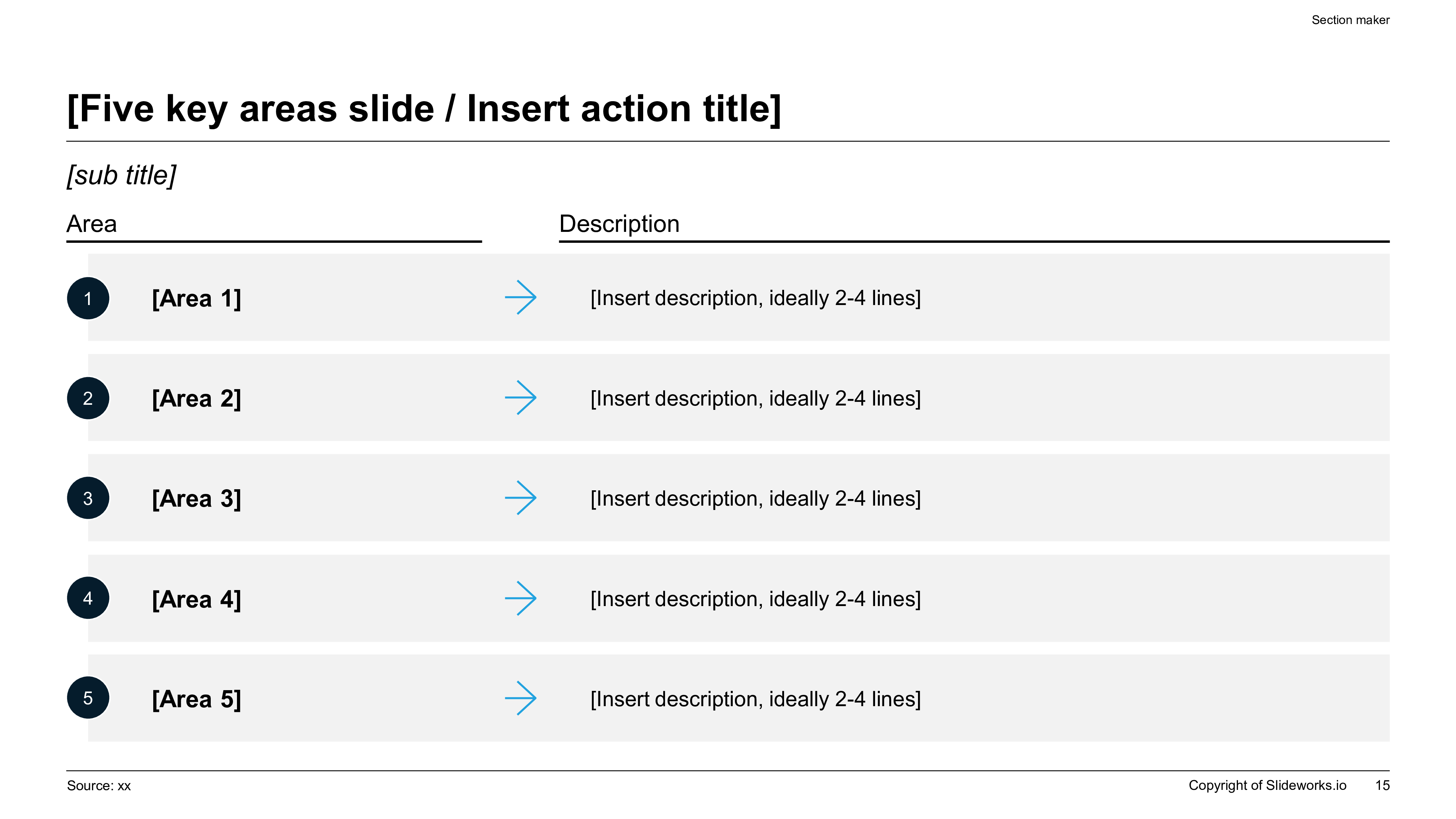 Professional EdTech investor pitch deck slide showing five key growth areas with bold numbered badges, directional layout arrows, and spacious description panels.