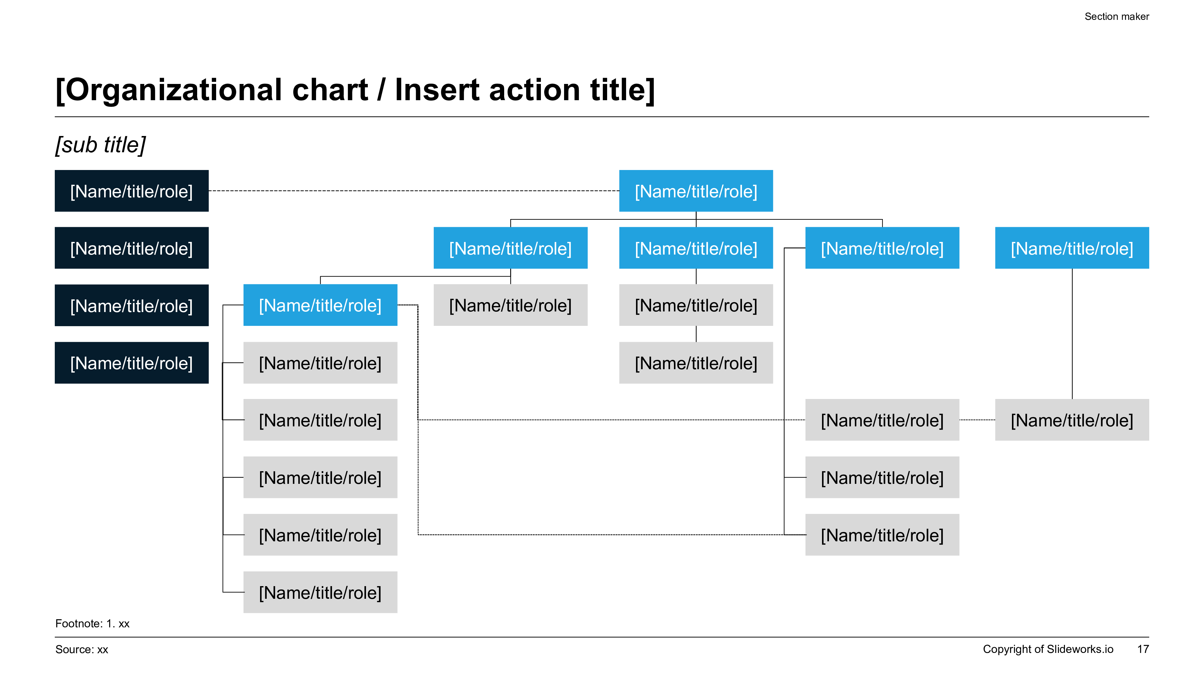 Corporate organizational chart and curriculum design hierarchy mapping course modules, learning tracks, and team roles across a premium visual slide.